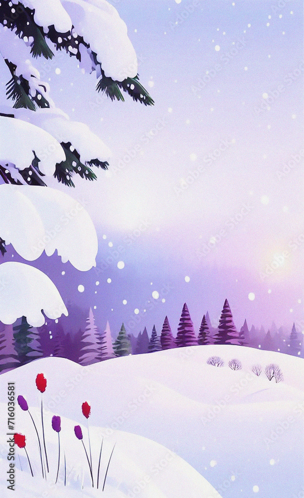 Winter landscape with snow. Colorful illustration. Background with empty copy space. Beautiful snow wallpaper. Christmas card design. New year flyer