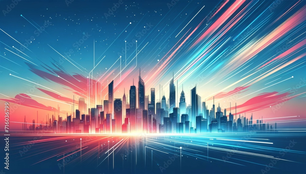 Futuristic City Skyline with Vibrant Light Streaks Concept