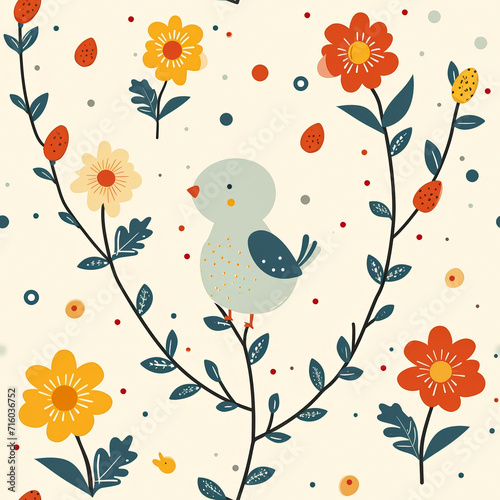Spring Tile Pattern with Easter Chicks and Flowers, ai generated