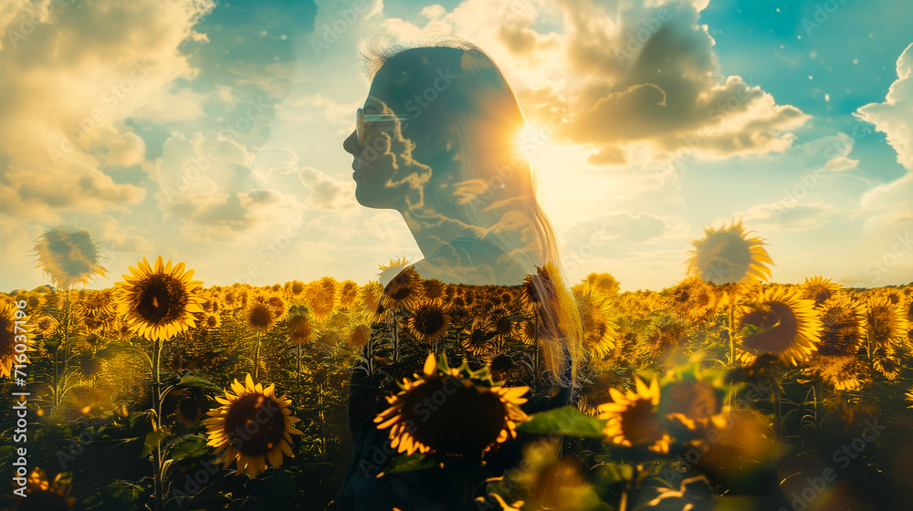 Fototapeta premium Double Exposure portrait of woman blended with sunflower background
