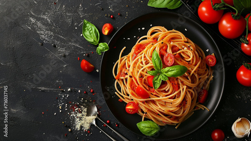 Italian linguini pasta with tomato sauce in a black plate on a dark background. Ai Generative