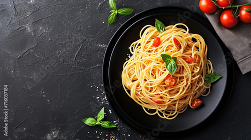 Italian linguini pasta with tomato sauce in a black plate on a dark background. Ai Generative