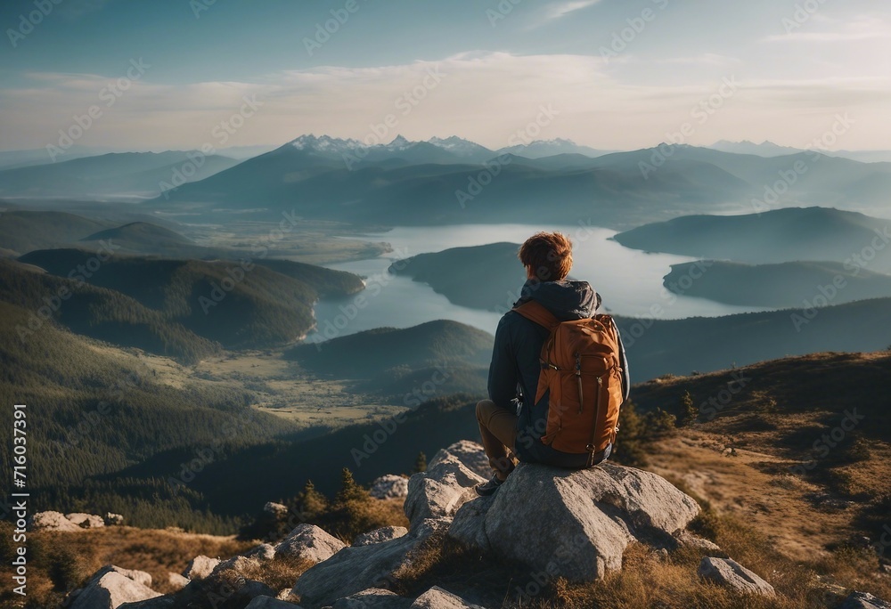 Young Hiker looking beautiful panorama view on top of the mountain Young Hiker looking beautiful panorama view on top of the mountain