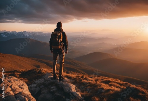 Happy hiker looking sunset at top of the mountain © ArtisticLens