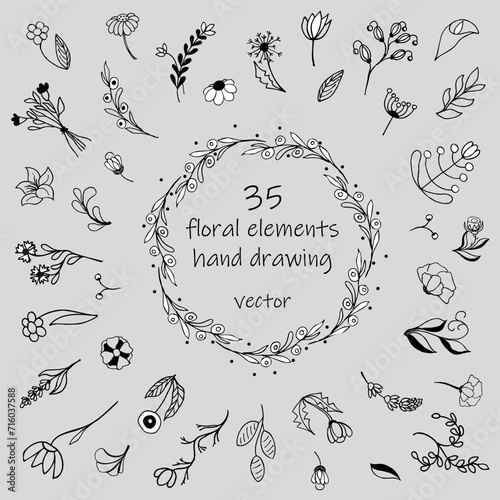 A set of floral elements, hand drawings. Isolated on gray background.