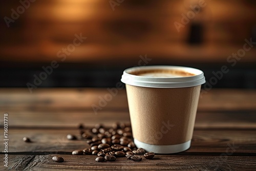 Rustic charm Paper cup of coffee against a wooden wall