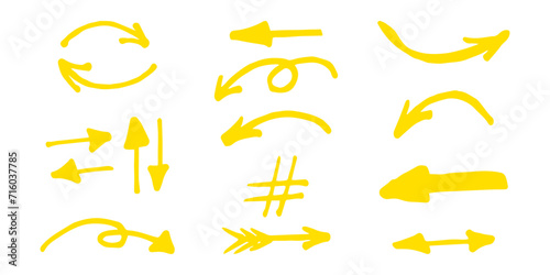 Brushes and elements for notes highlighting text. Arrows of various shapes yellow. Vector illustration...