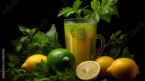 Glass of 100 percent Orange juice with orange sacs and slices fruits isolate on black. photo