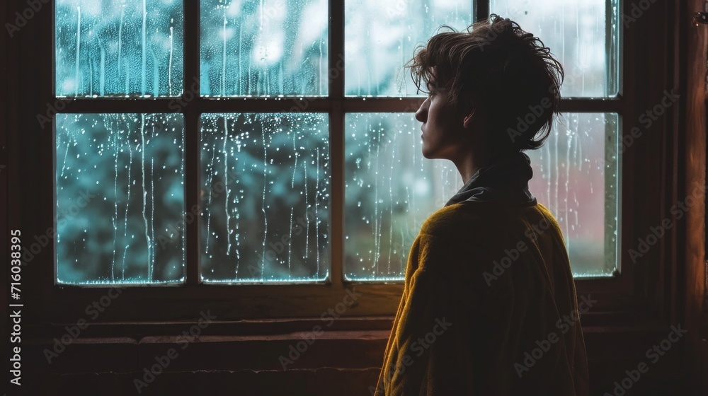 Through the misted window, a solitary figure stands, their silhouette framed by the soft glow of indoor light as they stare out at the world beyond, lost in thought and clad in comfortable clothing