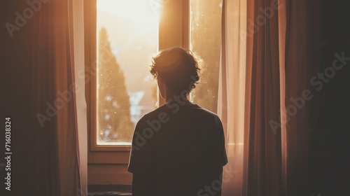 A solitary figure stands in front of a window, their silhouette cast against the backlighting as they gaze out at the sun-kissed world beyond, their clothing blending with the shadowed curtain and wa © AiAgency