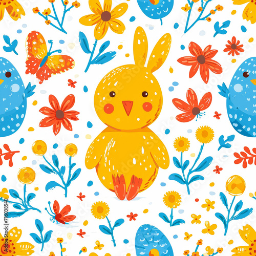 Spring Tile Pattern with Easter Bunnies, Chicks, and Flowers, ai generated