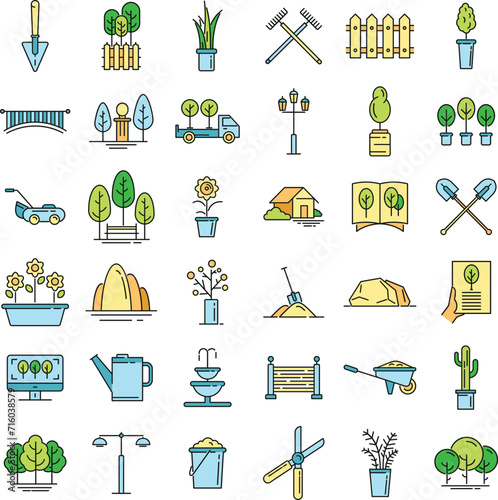 Landscape designer icons set. Outline set of landscape designer vector icons thin line color flat on white