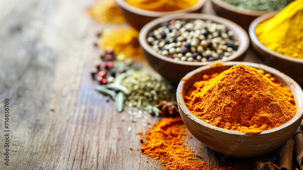 Colorful spices on wooden table. Ai Generative Colorful spices on wooden table. Ai Generative