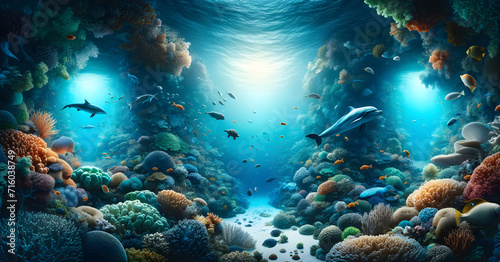 Vibrant Underwater Ecosystem Wonders: Coral Reef with Colorful Fish, Dolphins, and Marine Life in Crystal Clear Water - Concept of Ocean Conservation and Biodiversity