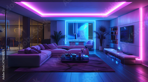 Uma sala de estar minimalista e elegante    banhada pelo suave brilho das luzes de n  on dando-lhe uma atmosfera futurista e de alta tecnologia
