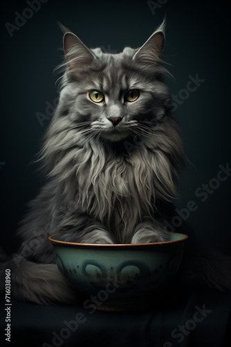 Grey long fur cat sitting inside an empty bowl empty black background