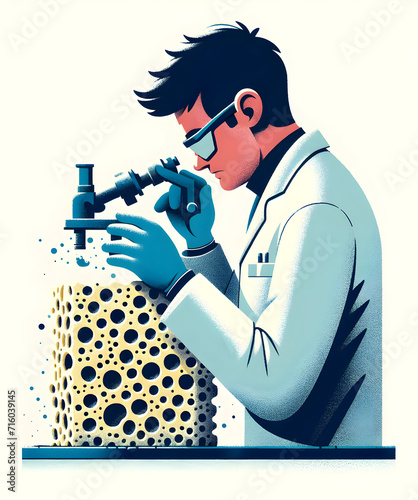 Curious Scientist Examining Porous Material - Vintage Cartoon Style | Concept of Research, Innovation & Scientific Discovery