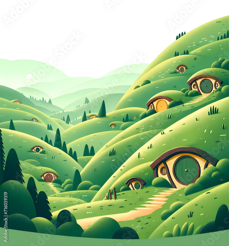 Enchanted Illustration of Serene Shire-Inspired Landscape with Hobbit Holes: Concept of Fantasy, Peaceful Living, and Tolkien's World - Ideal for Fans and Thematic Backgrounds