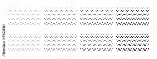 Zigzag and wave horizontal lines of different thickness. Set of simple jagged and undulate borders. Sinus, water, fluid, air or wind symbols isolated on white background. Vector outline illustration.