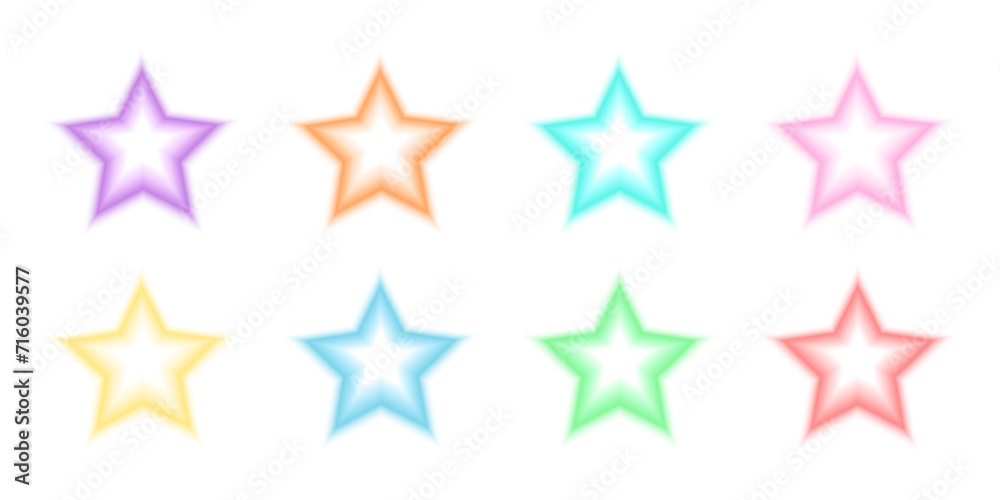 Star shapes in holographic blurry style. Trendy y2k stickers with gradient aura effect in different pastel colors isolated on white background. Vector illustration