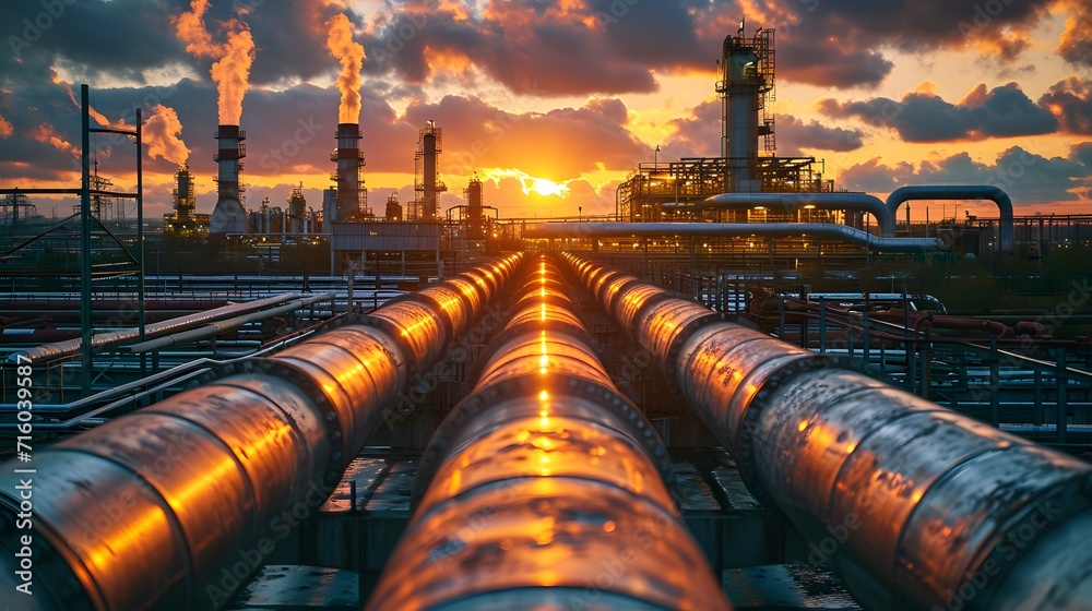 oil refinery at twilight, a large industrial pipe in a factory with a sunset in the background and a sky with clouds in the foreground oil refinery at twilight, a large industrial pipe in a factory with a sunset in the background and a sky with clouds in the foreground