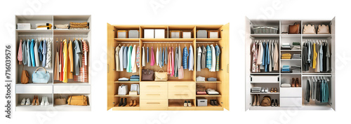 Collage set of female wooden wardrobes full of clothes over white transparent background