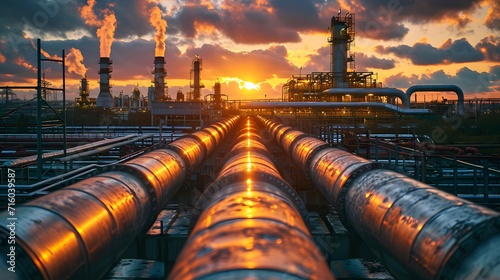 oil refinery at twilight, a large industrial pipe in a factory with a sunset in the background and a sky with clouds in the foreground