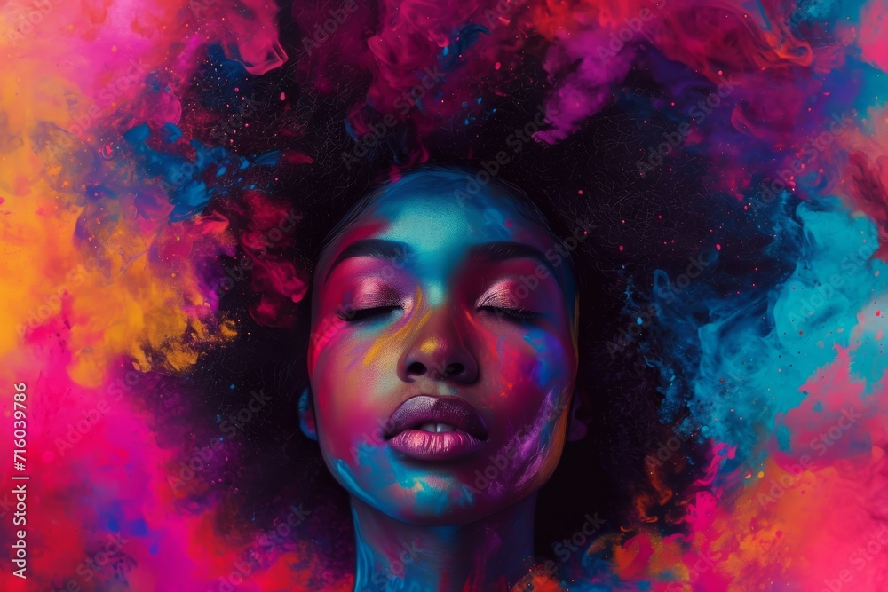 A striking portrait of a woman transformed into a vibrant masterpiece, her magenta makeup blending art and humanity into one captivating display