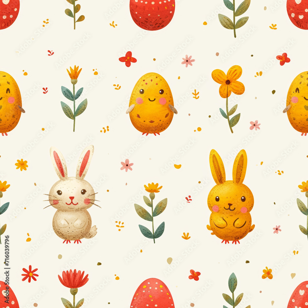 Spring Tile Pattern with Easter Bunnies, Chicks, and Flowers, ai generated