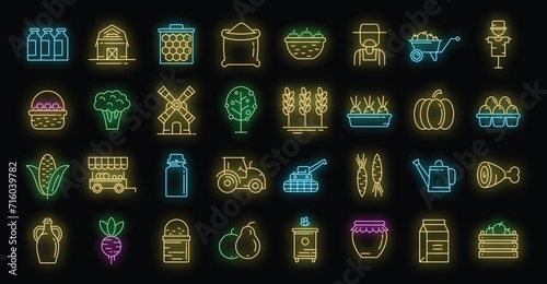 Producer icons set. Outline set of producer vector icons neon color on black