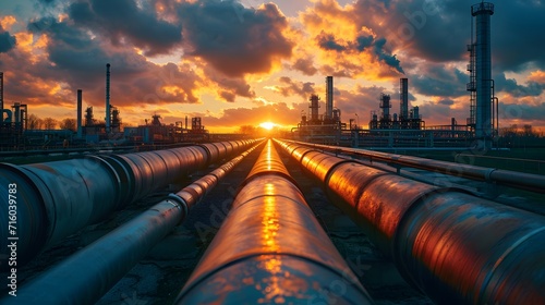 oil tanks at sunset, a large industrial pipe in a factory with a sunset in the background and a sky with clouds in the foreground