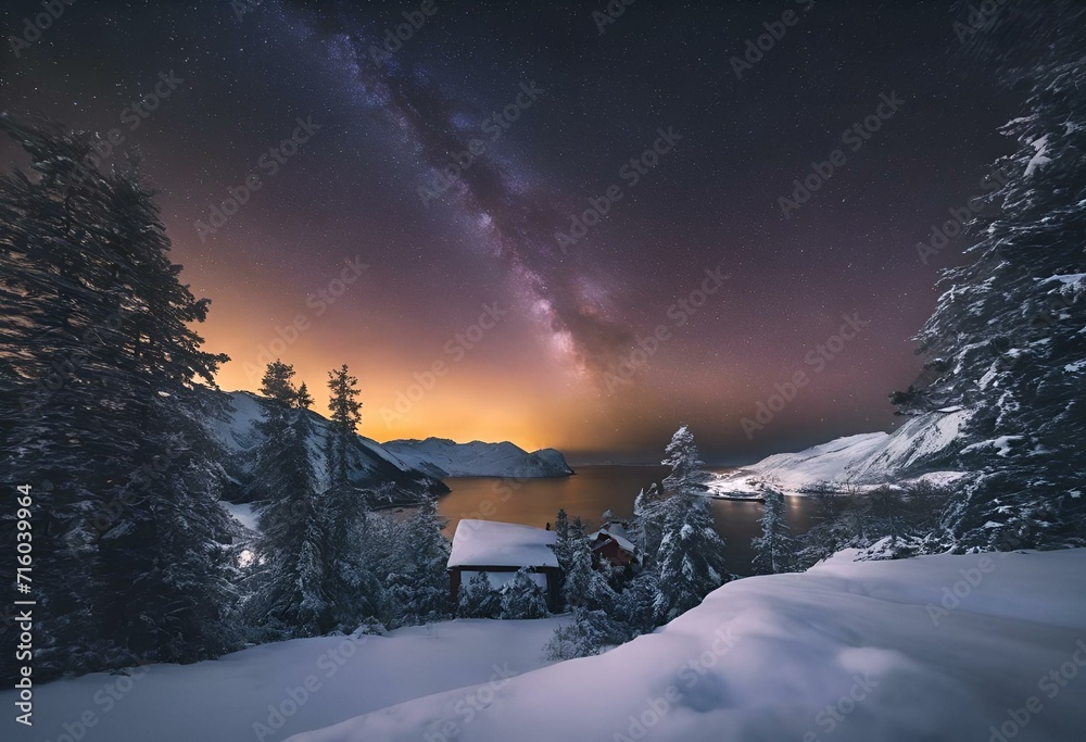 AI generated illustration of a cozy cabin beneath starry sky, nestled against snow-capped mountains