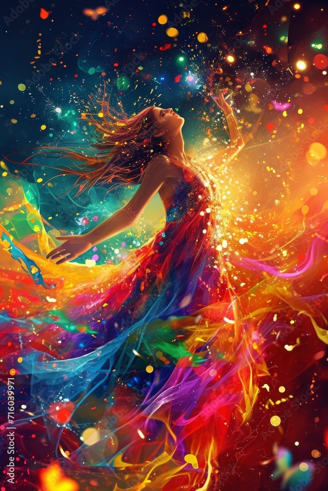 A vibrant woman, adorned in a flowing dress, gracefully dances to the beat of her own artistic expression