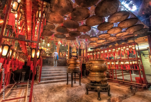 Traditional Chinese Temple with Lanterns, Incense and Pilgrims, Man Mo Temple, Hong Kong
