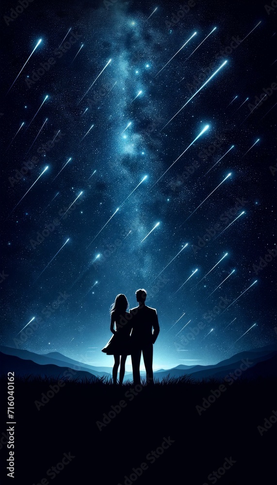 Stargazing Couple Under Meteor Shower, Romantic Night Sky Concept