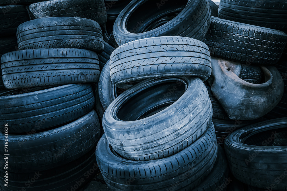 Pile of car tires in cool blue tones many old tires of different sizes