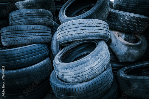 Pile of car tires in cool blue tones: many old tires of different sizes and profiles stacked outdoors. Worn wheels for recycling or disposal