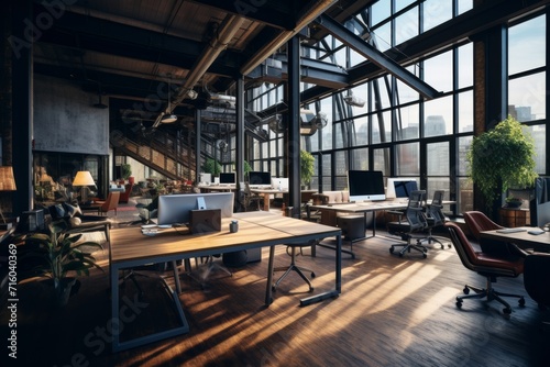 A modern office space filled with sleek furniture and large windows, providing a bright and airy atmosphere for productivity photo