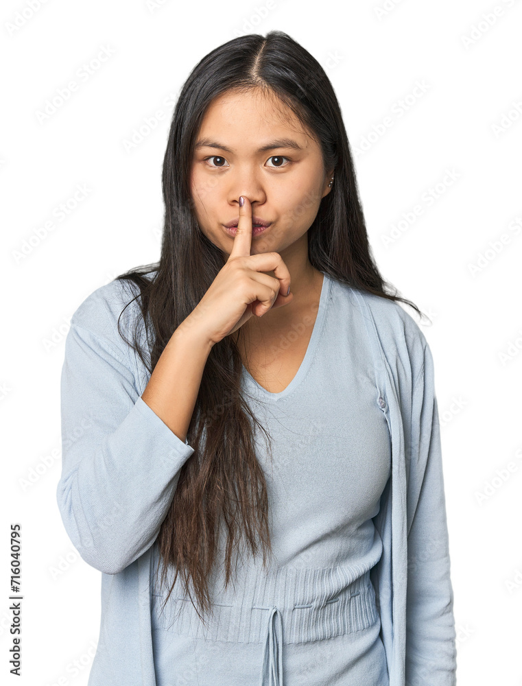 Young chinese woman isolated keeping a secret or asking for silence. Young chinese woman isolated keeping a secret or asking for silence.