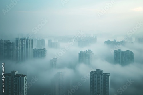 A hazy metropolis emerges from the misty clouds, its towering skyscrapers reaching for the morning sky in a breathtaking cityscape