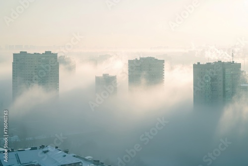 As the morning mist slowly lifts  the towering skyscrapers emerge from the hazy landscape  their silhouettes reaching towards the winter sky in a cityscape shrouded in a dreamy fog