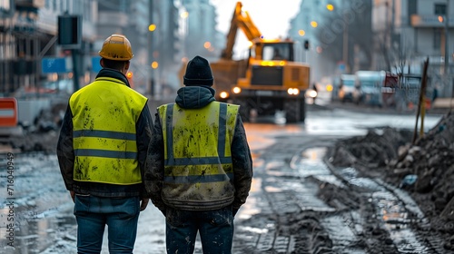 two men in yellow vests standing in front of a construction site with a bulldozer and a truck