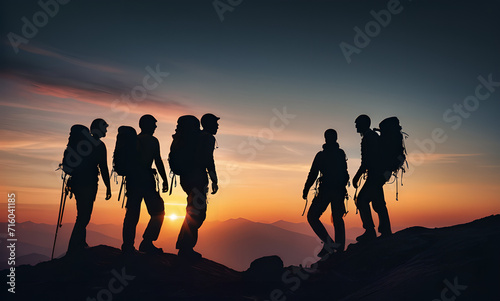 group climbers going up mountain sunset, silhouette work team climbers, teamwork, travel friends vacation, adventure hiking, helping hand, climbing high mountain up, team group friends sunset, active