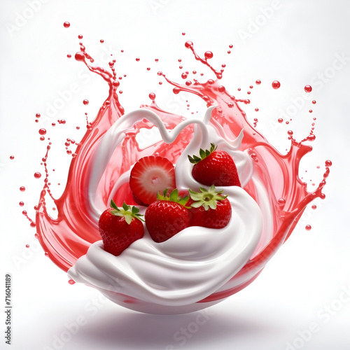 floating yoghurt swirl with strawberries isolates background