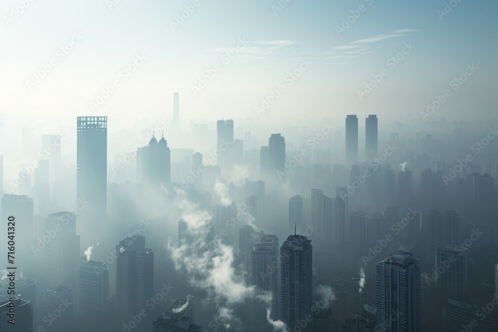 Amidst a sea of towering skyscrapers, the cityscape is shrouded in a thick fog, creating a hazy metropolis that embodies the fast-paced and bustling energy of urban life