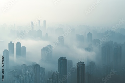 Amidst the hazy metropolis, towering skyscrapers rise above the cityscape, shrouded in a thick fog, creating a mesmerizing urban landscape