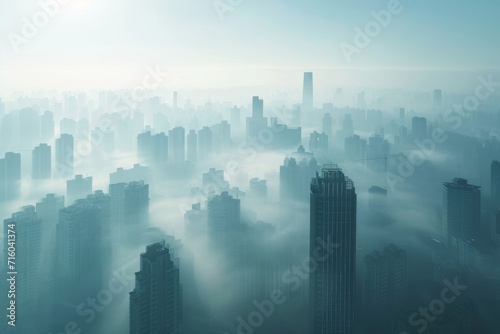 The city skyline is enveloped in a thick haze of fog  obscuring the towering skyscrapers and creating a mysterious and alluring metropolis landscape