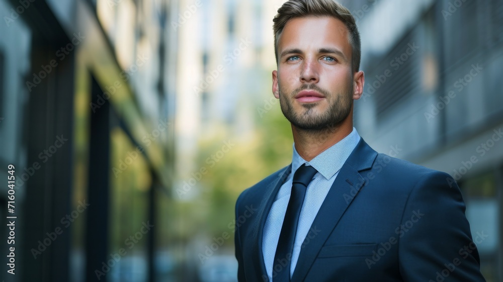 A well-dressed gentleman stands tall outside a grand building, exuding professionalism and confidence in his crisp suit, tie, and dress shirt