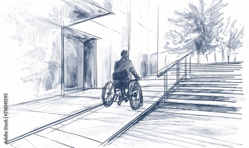 Slika na platnu Drawing of an access ramp for the disabled, urbanism architecture sketch illustr