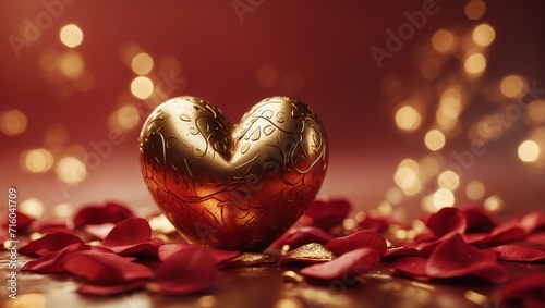 Coração dourado com pétalas de rosa photo